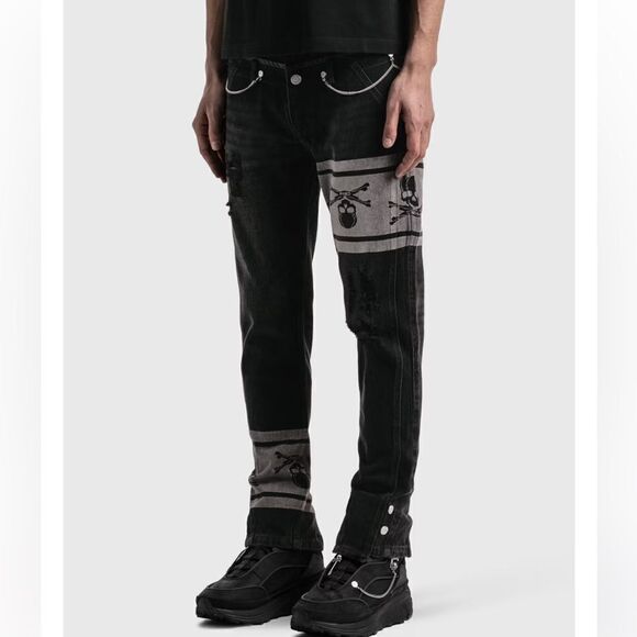 Mastermind Japan x C2H4 jeans double waist skull print chain black NWT S $550 - Picture 3 of 16